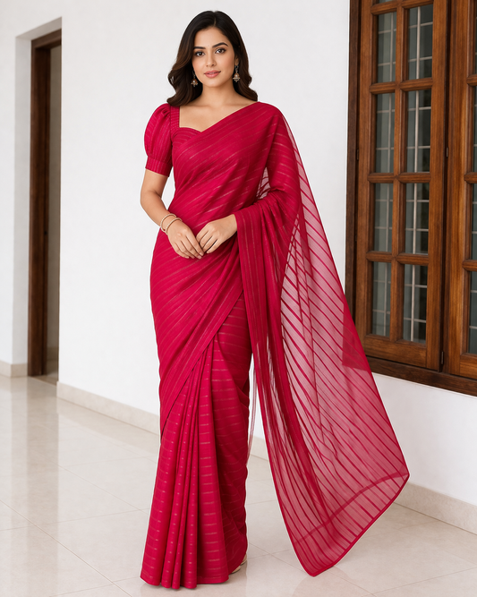 Rani Pink Sheer Striped Saree with Subtle Zari Lines | Elegant Party & Festive Wear Saree