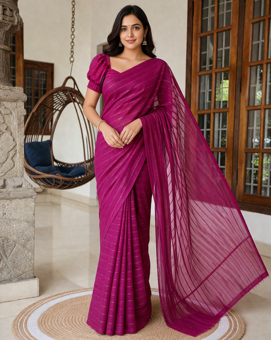 Purple Sheer Striped Saree with Subtle Zari Lines | Elegant Party & Festive Wear Saree