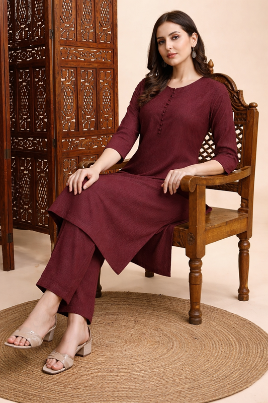 Maroon Solid Textured Cotton Kurta for Women | Straight Fit Round Neck Kurta