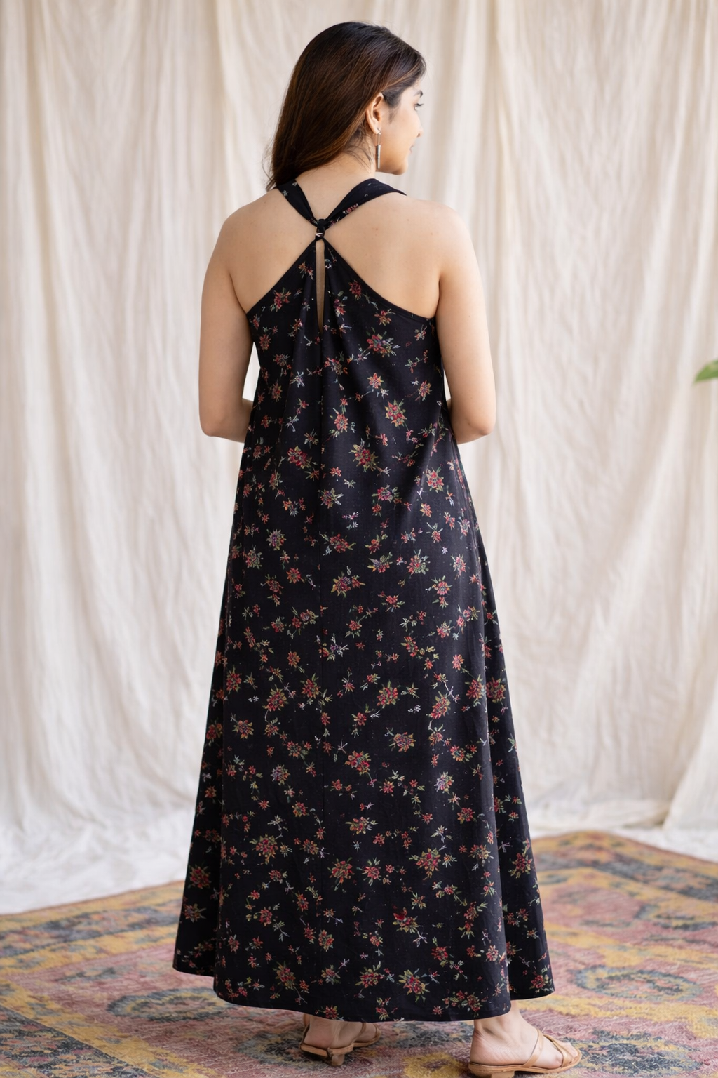 Black Floral Printed Rayon Maxi Dress for Women | Sleeveless A-Line Flowy Dress