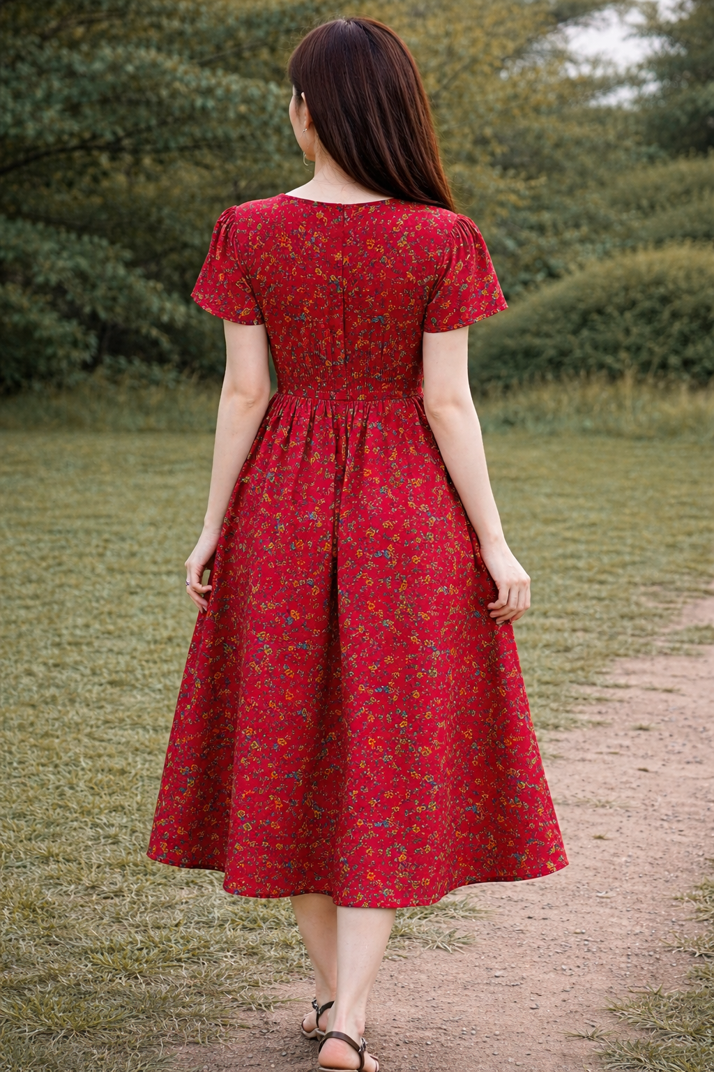 Red Floral Print Fit & Flare Midi Dress with Tie-Up Waist