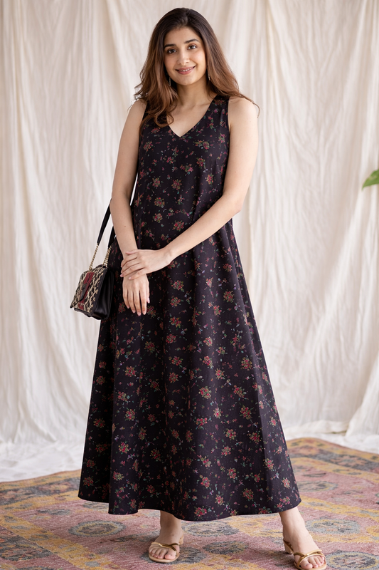 Black Floral Printed Rayon Maxi Dress for Women | Sleeveless A-Line Flowy Dress