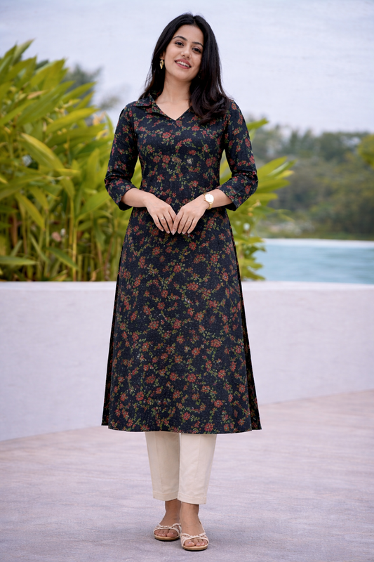 Black Floral Printed Rayon Kurta for Women | Straight Fit Collar Neck Kurta