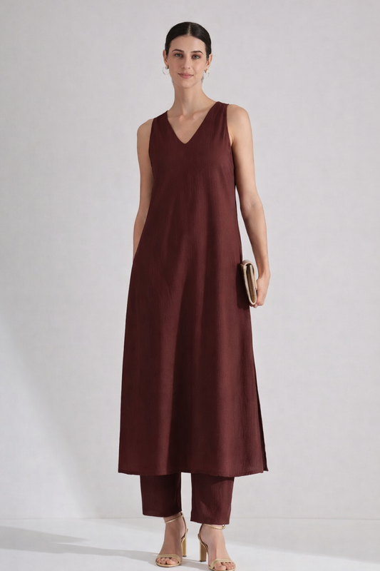 Maroon Solid Sleeveless Cotton Kurta for Women | A-Line V-Neck Kurta