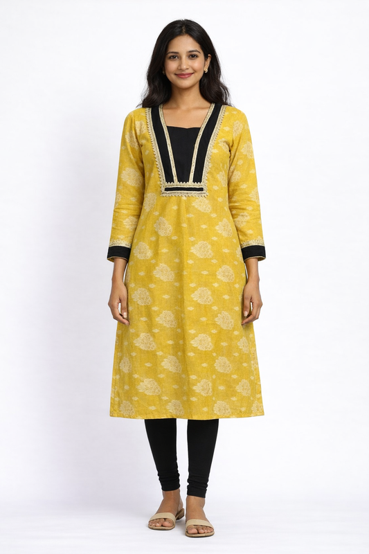 Mustard Yellow Printed Cotton Kurta for Women | Straight Fit Contrast Panel Kurta