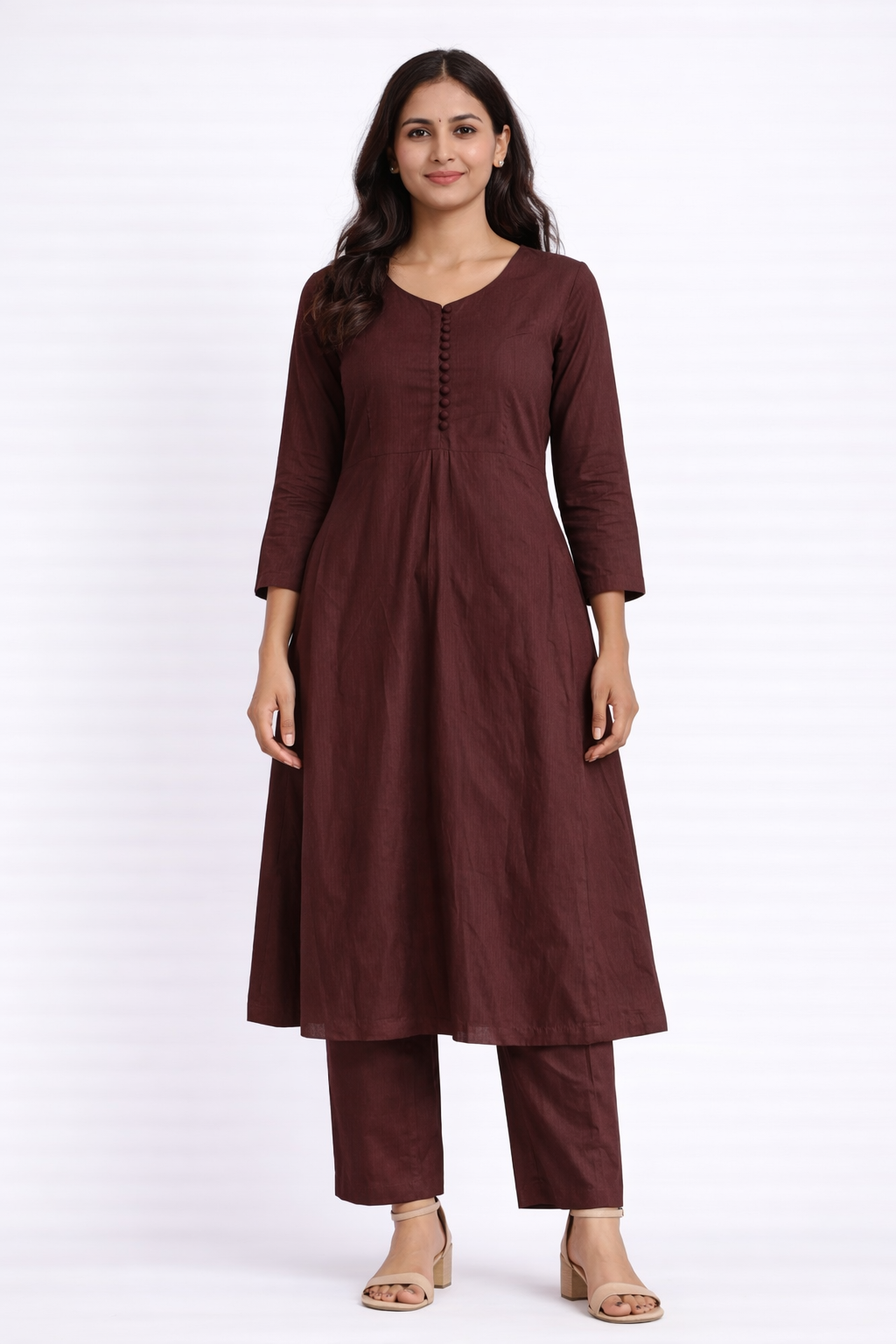 Maroon Solid Textured Cotton Kurta for Women | Straight Fit Round Neck Kurta