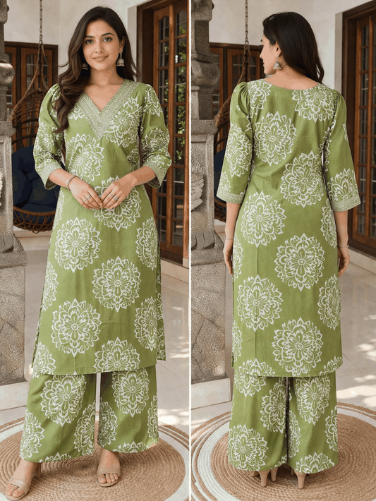 Olive Green Floral Block Print Cotton Kurta for Women | Straight Fit V-Neck Kurta