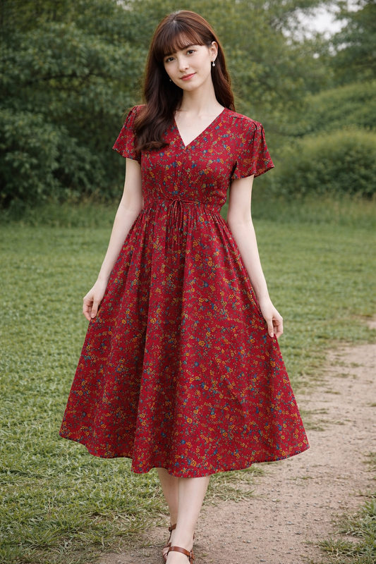 Red Floral Print Fit & Flare Midi Dress with Tie-Up Waist