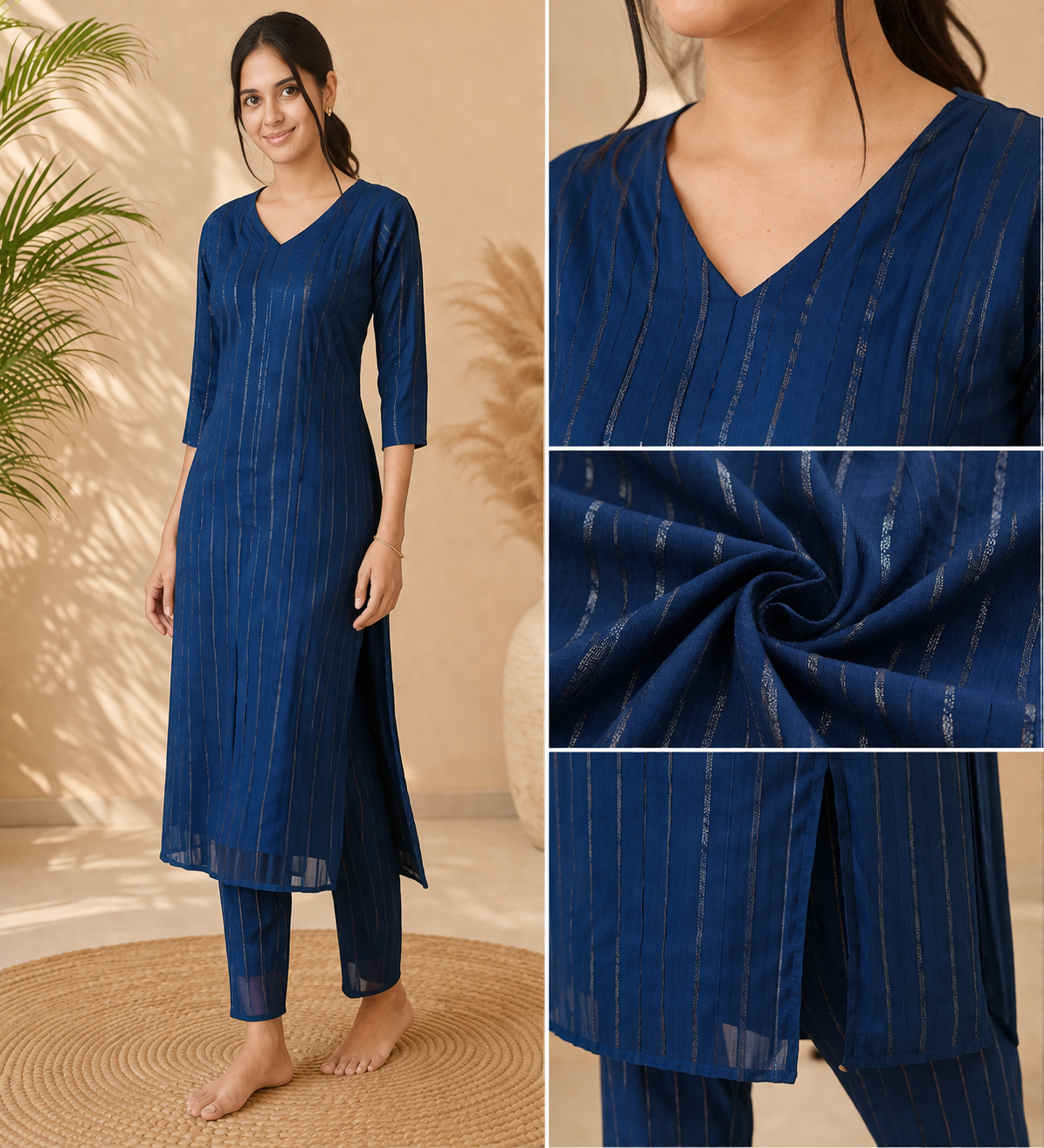 Blue Metallic Striped Kurta