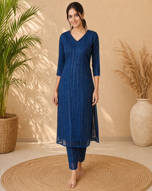 Blue Metallic Striped Kurta