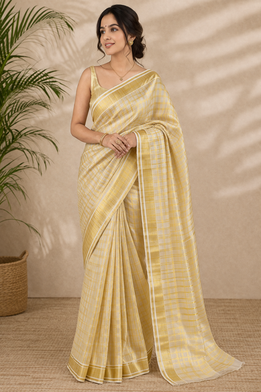 Kerala Kasavu Off-White Cotton Saree with Gold Border | Traditional Kerala Saree