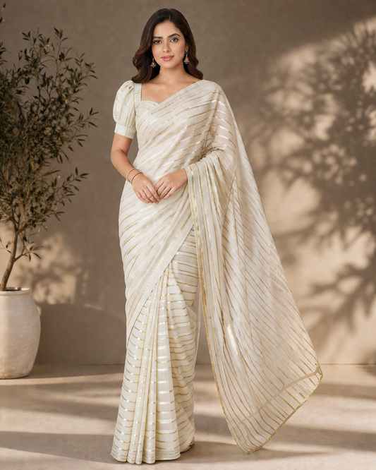 Off-White Striped Organza Saree with Golden Lines | Elegant Party Wear Saree | Vishu collection