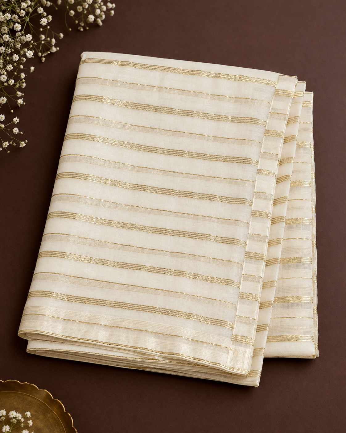 Off-White Striped Organza Saree with Golden Lines | Elegant Party Wear Saree | Vishu collection