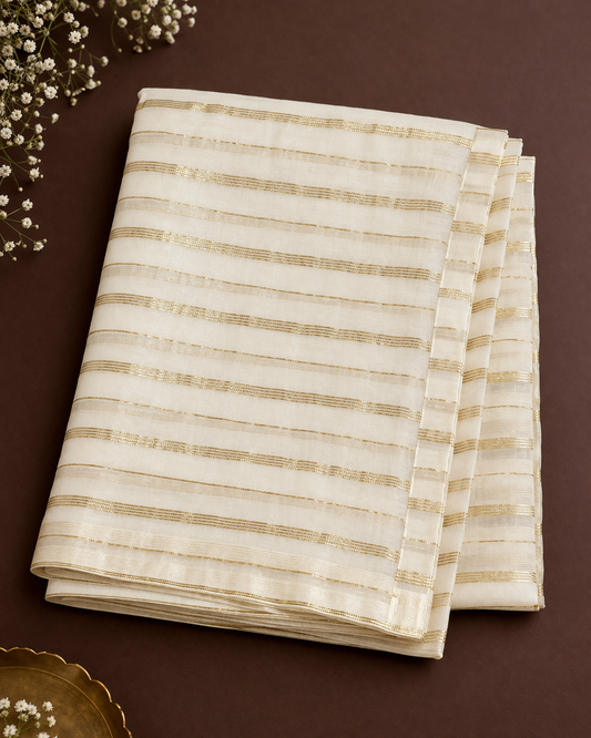 Off-White Striped Organza Saree with Golden Lines | Elegant Party Wear Saree | Vishu collection