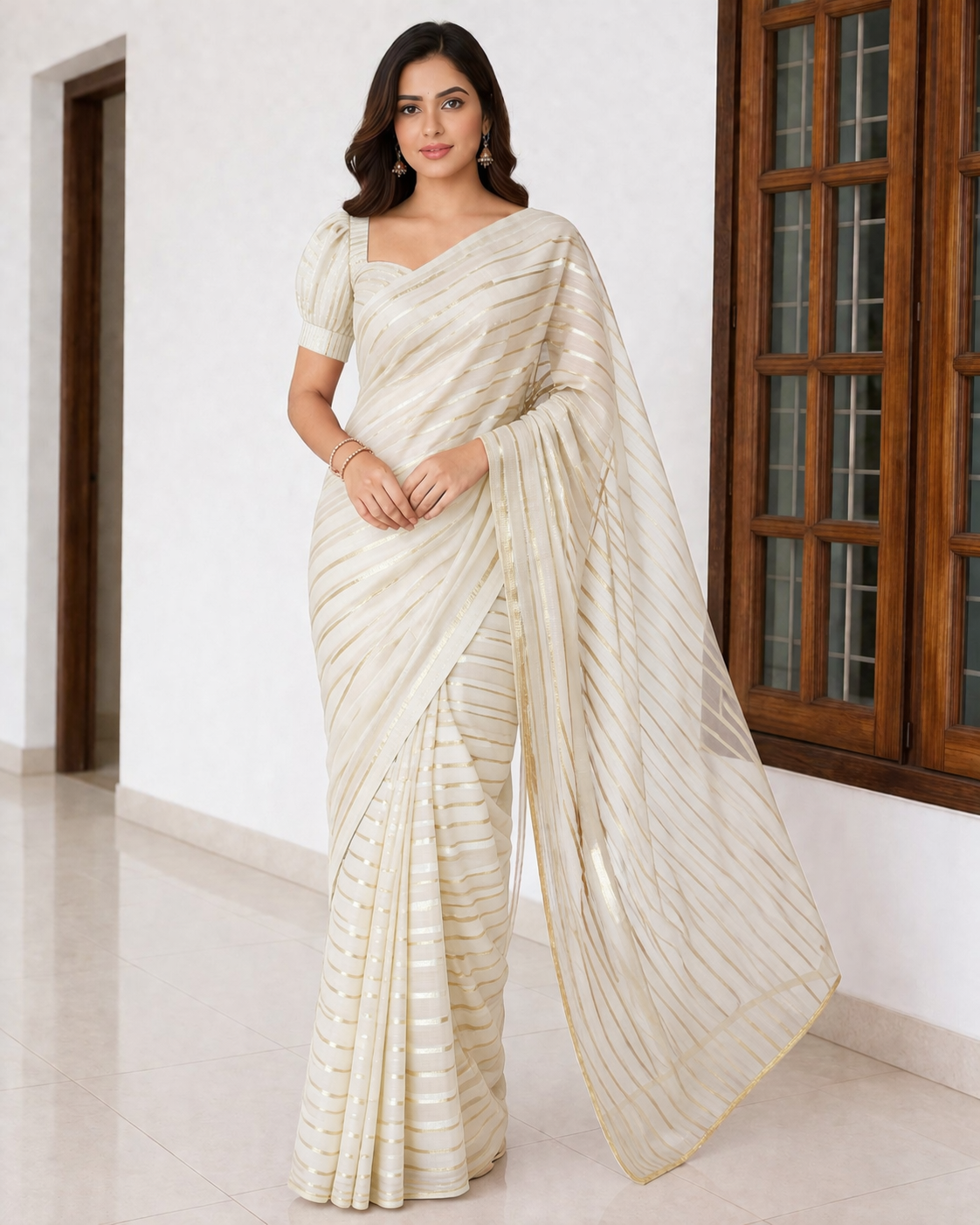 Off-White Striped Organza Saree with Golden Lines | Elegant Party Wear Saree | Vishu collection