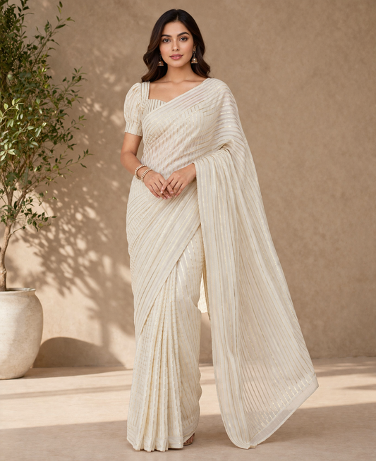 Off-White Fine Striped Organza Saree with Subtle Gold Detailing | Elegant Party Wear Saree