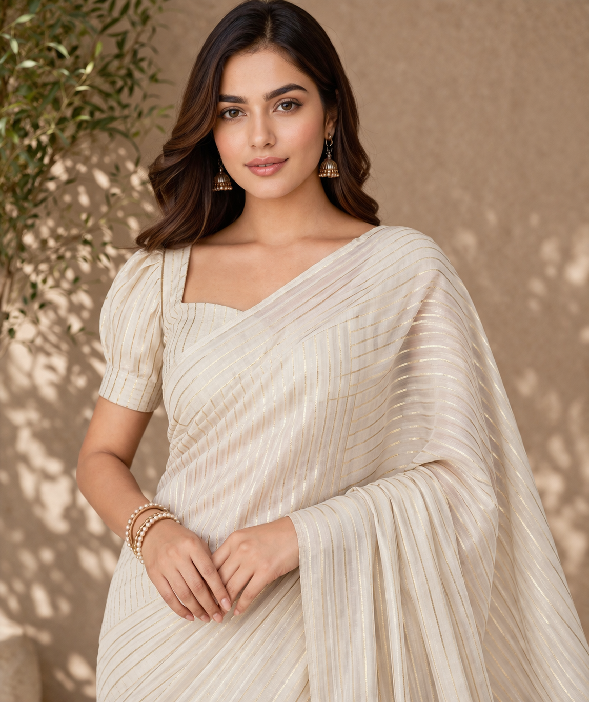 Off-White Fine Striped Organza Saree with Subtle Gold Detailing | Elegant Party Wear Saree