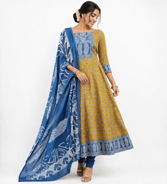 Blue & Mustard Yellow Printed Cotton Dress Material Set with Dupatta | Unstitched Salwar Suit Fabric